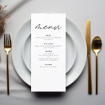 Menu Recepção de casamento Moderna Elegante Minimalista<br><div class="desc">Apresentando nosso Menu de Casamento Moderno Minimalista Preto e Branco, uma adição refinada e elegante à sua capa de casamento que equilibra perfeitamente o design contemporâneo com a sofisticação do eterno. Criados com precisão e olho para a estética minimalista, esses menus são projetados para elevar sua experiência de jantar e...</div>