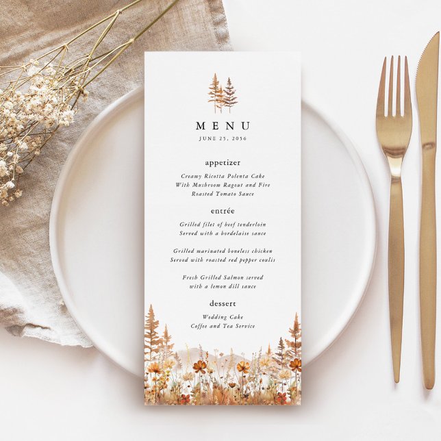 Menu Recepção de Casamento na Montanha com Flores Silve (Terracotta wildflower mountain wedding menu card, elegant boho rustic reception table menu)