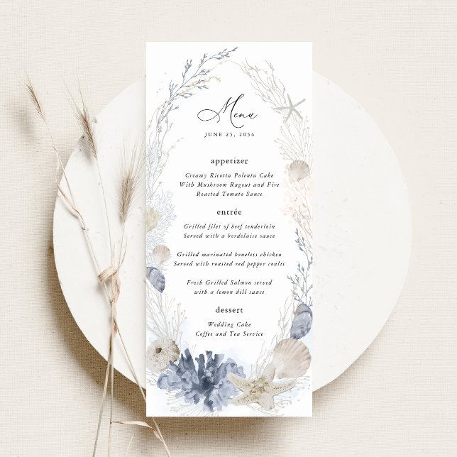 Menu Recepção de Casamento na Praia Azul com Conchas Ma (Blue coastal wedding menu beach menu card seashell elegant destination wedding stationery)