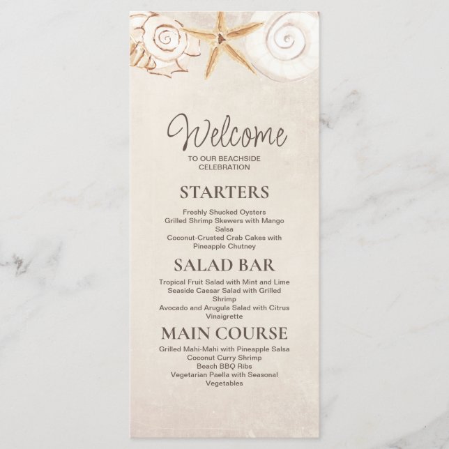 Menu Recepção de Casamento na Praia com Conchas e Areia (Frente)
