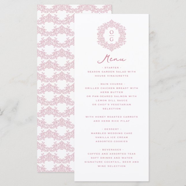 Menu Recepção de Casamento Rosa Elegante e Tradicional (Frente/Verso)