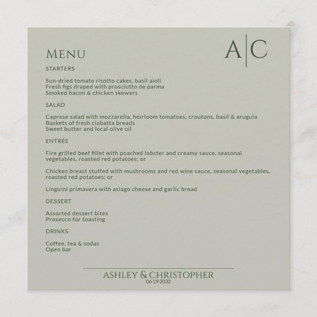 Menu Recepção de casamento Simples de Moss e Monograma  (Frente)