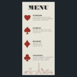 Menu Recepção de casamento Skyline do Casino de Las Veg<br><div class="desc">Um Janto do casamento de destino moderno e divertido em Las Vegas que irá adicionar um detalhe especial ao seu evento em Las Vegas! Este menu de casamento apresenta gráficos vermelhos de cartas de jogar, uma renderização moderna do horizonte de Las Vegas, além de fontes e textos totalmente personalizáveis sobre...</div>