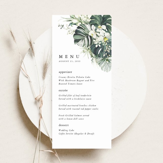 Menu Recepção de Casamento Tropical com Monstera em Ver (Sage Green Tropical Wedding Menu Card, Monstera Orchid Reception Table Menu, Destination Beach Menu)