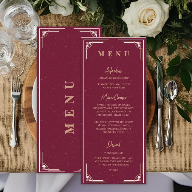 Menu Recepção de Jantar de Casamento Art Déco em Dourad (Burgundy Gold Art Deco Wedding Menu Card Black Tie Gatsby Reception Menu)