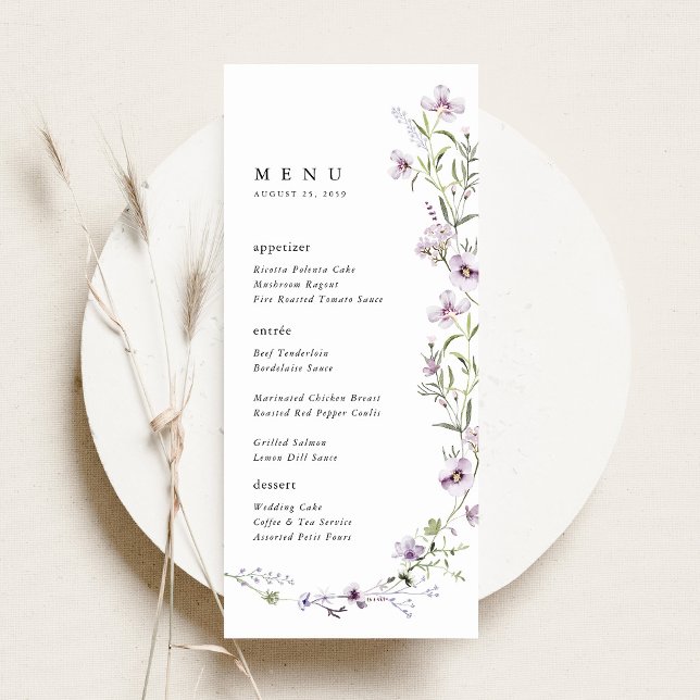 Menu Recepção de Jantar de Casamento com Flores Silvest (Lavender Wildflower Wedding Menu Card, Lilac Floral Reception Menu, Purple Botanical Wedding Menu)