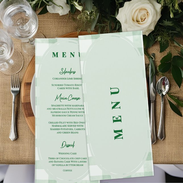 Menu Recepção de Jantar de Casamento em Xadrez Verde Sa (Sage Green Gingham Wedding Menu Card | Garden Party Reception Menu)