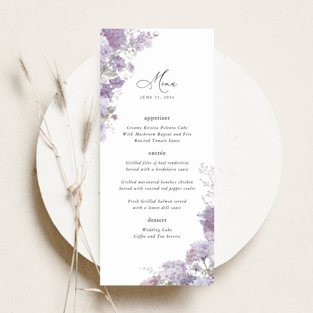 Menu Recepção de Jantar de Casamento Floral de Lavanda  (Lavender floral wedding menu card watercolor lilac purple wedding reception menu elegant table decor)