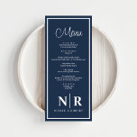 Menu Recepção De Monograma De Casamento Ou Janto De Noi<br><div class="desc">Elevem suas ocasiões especiais com nosso Marinho, a Recepção do Monograma de Casamento Azul e Branco ou os Menus do Janto Noivado, uma combinação perfeita de elegância e personalização. Projetados com um sofisticado pano de fundo azul-marinho e sofisticados sotaques brancos, esses menus adicionam um toque de encanto refinado ao seu...</div>