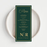 Menu Recepção De Monograma De Casamento Ou Janto De Noi<br><div class="desc">Apresentando nosso Emerald Green e Dourado Monograma Recepção ou o Janto Menus, um extraordinário acréscimo ao seu evento especial que combina elegância com encanto personalizado. Esses menus são feitos com um rico fundo verde esmeralda acentuado por detalhes luxuosos de ouro, criando um olhar sofisticado que melhora qualquer cenário de mesa....</div>