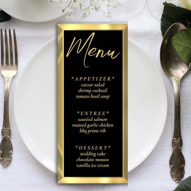 Menu Recepção Elegante de Casamentos de Bares Pretos e  (Black & Gold Bar Elegant Wedding Reception Menu)