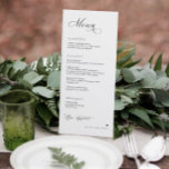 Menu Recepção Elegante De Casamentos De Caligrafia De L<br><div class="desc">Simples cardápio de janto de casamento elegante: Este elegante e simples cardápio de casamento preto e branco captura um sentimento suave e romântico que complementa perfeitamente qualquer tema de casamento moderno e eterno. Personalizado com os nomes dos casais, a frente do menu exibe lindamente cada curso em um layout limpo...</div>