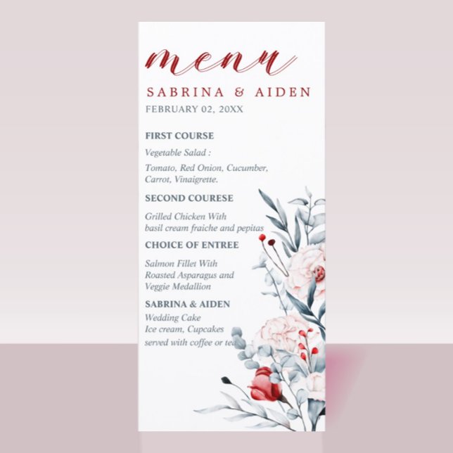 Menu Red And Blue Flower Floral Wedding  (Criador carregado)