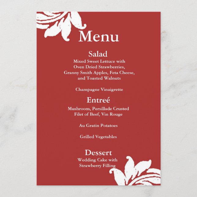 Menu Red Casamento tema damasco (Frente)