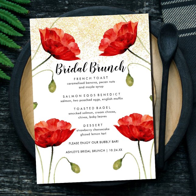 Menu Red Floral Elegante Glitter Bridal Brunt (Criador carregado)