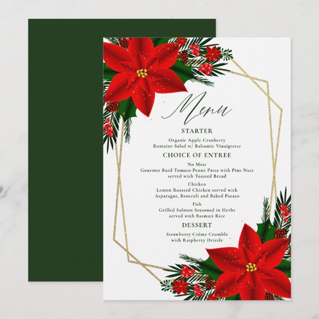 Menu Red Poinsettia Pine Greenery Árvore Sai do Natal (Frente/Verso)