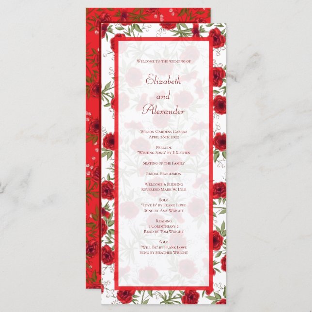 Menu Red Rose Romantic Wedding Programs (Frente/Verso)
