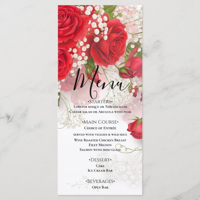 Menu Red Roses & Babys Breath Elegant Floral Wedding  (Frente)