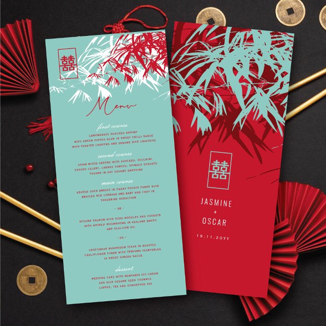 Menu Red & Turquoise Zen Bamboo deixa casamento chinês (Red & Turquoise Zen Bamboo Leaves Chinese Wedding Menu @ fatfatin_red_knot)