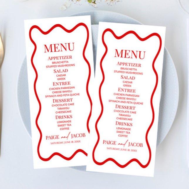 Menu Red White Elegant Wavy Border Wedding Food (Criador carregado)