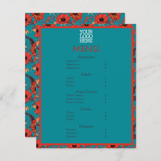 Menu Restaurante do Café Floral Red Teal (Frente/Verso)