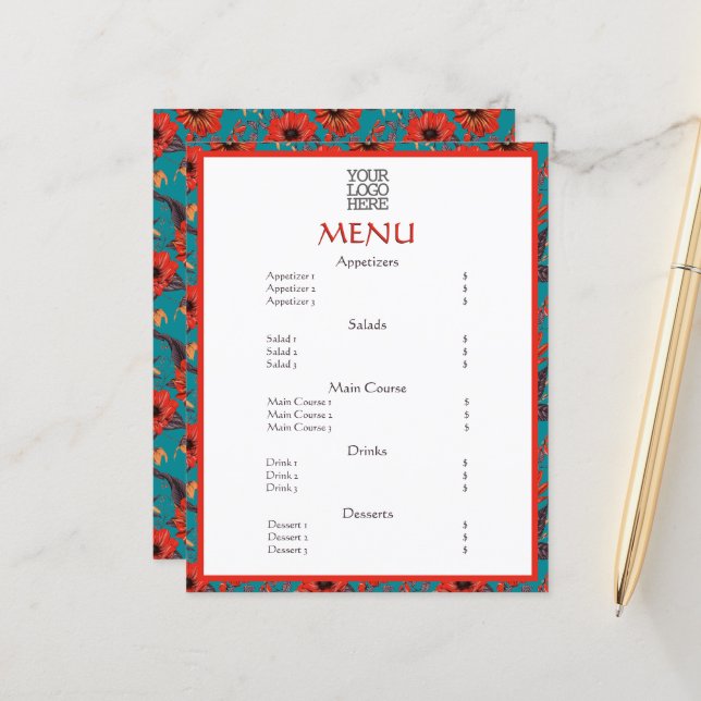 Menu Restaurante do Café Floral Red Teal (Frente/Verso In Situ)