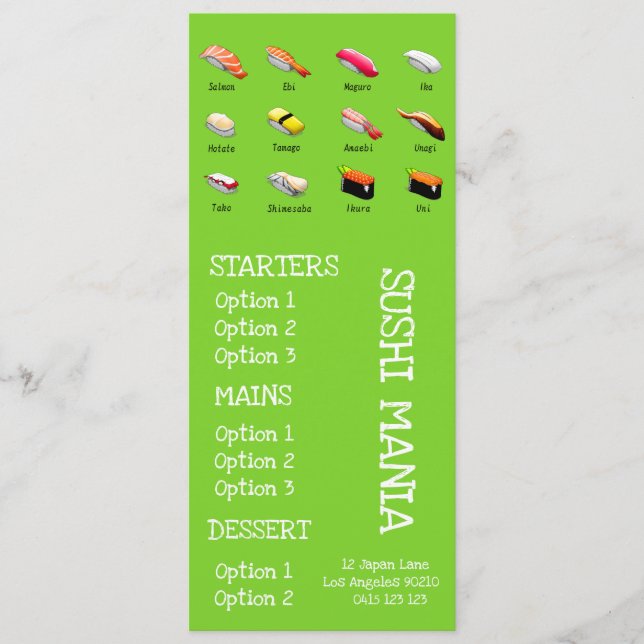 Menu Restaurante japonês sushi cardápio jantar wasabi (Frente)
