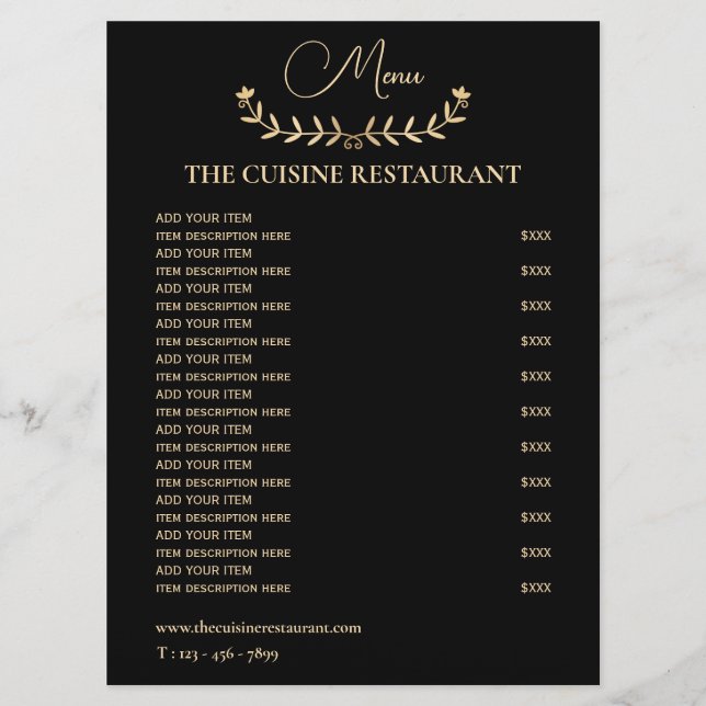 Menu Restaurante Pequeno Simples Preto e Dourado (Frente)