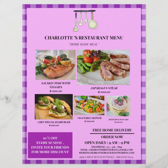 Menu Restaurante Rústico de Xadrez Roxo (Frente)