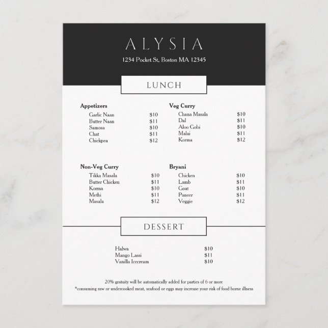 Menu Restaurante Sofisticado Minimalista Moderno (Frente)