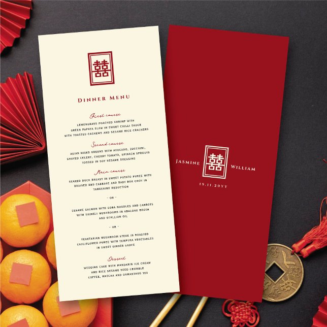 Menu Retângulo Clássico Dupla Felicidade Casamento Chin (Classic Rectangle Double Happiness Chinese Wedding Menu @ fatfatin_red_knot)