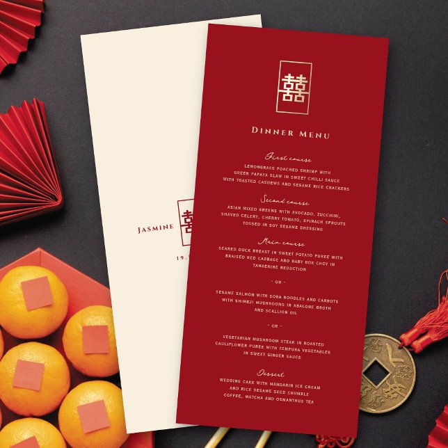 Menu Retângulo Simples Dupla Felicidade Casamento Chinê (Red/ Gold Simple Rectangle Double Happiness 囍 Chinese Wedding Menu Card @ fatfatin_red_knot)