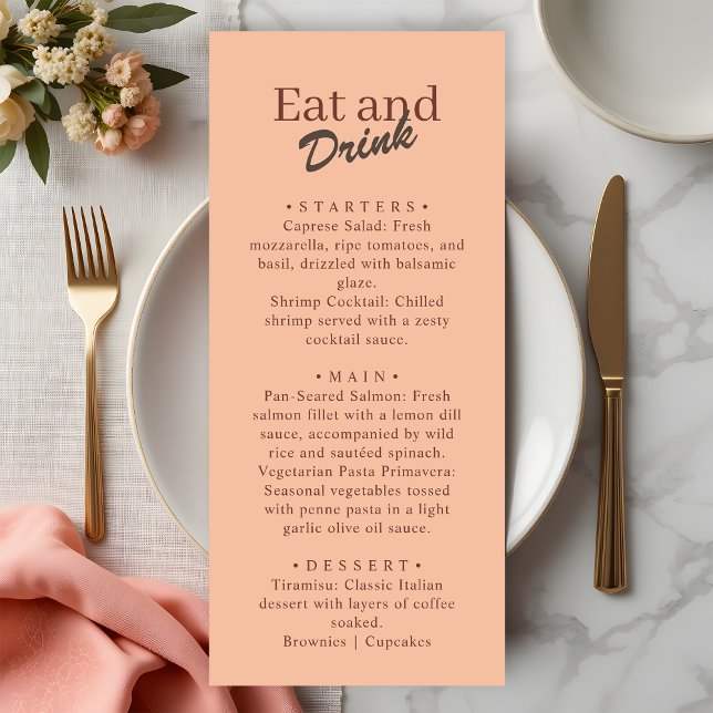 Menu Retro Coral Peach Eat and Drink Wedding  (Criador carregado)