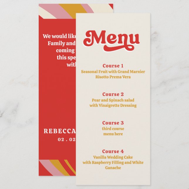 Menu Retro Groovy 70s Casamento vermelho marfim (Frente/Verso)