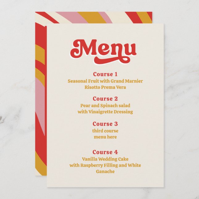 Menu Retro Groovy 70s Casamento vermelho marfim (Frente/Verso)