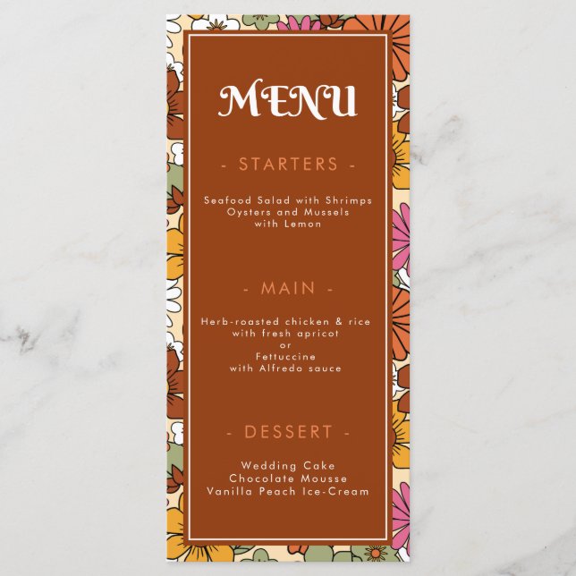 Menu Retro Groovy Anos setenta Daisy Floral Hippie Wedd (Frente)