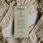 Menu Retro Mão Escrita Desenhada Verde Quirky Casamento<br><div class="desc">Um retro fedorento moderno e vívido menu de janto de casamento vermelho. Que apresenta modelo design de chic de boho vintage luz verde fundo e uma tipografia verde mais escura e menu escrito à mão em verde. E óculos de champanhe desenhados à mão. Com monograma no fundo. Perfeito e compatível...</div>
