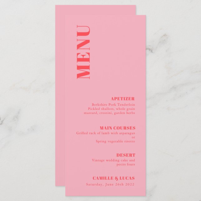 Menu Retro Pink Trendy Weding (Frente/Verso)