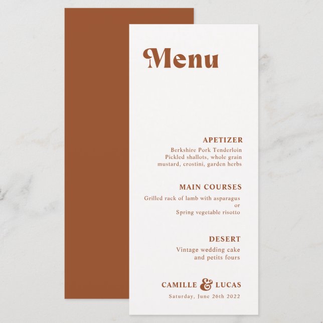 Menu Retro Terracotta Rust Wedding (Frente/Verso)