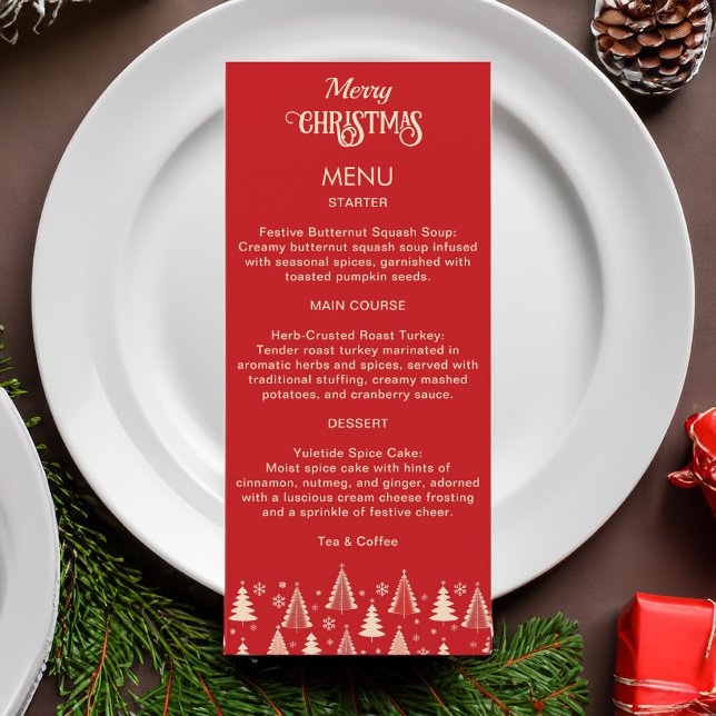 Menu Retrorreiros do século vermelho do Natal (Christmas midcentury retro red beige trees festive Christmas menu car template simple minimalist )