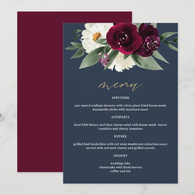 Menu Rich Burgundy Floral Marinho Azul 5x7" (Frente/Verso)