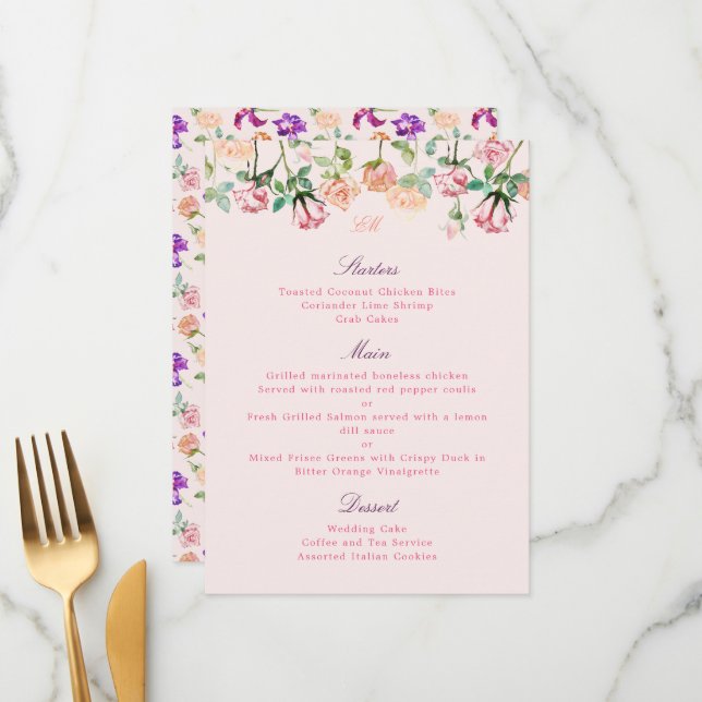 Menu Romance Botânico Boêmio Rosas Aquarela (Frente/Verso In Situ)