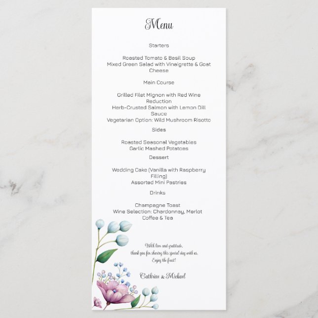 Menu Romance Botânico Suave De Casamento Floral Elegant (Frente)