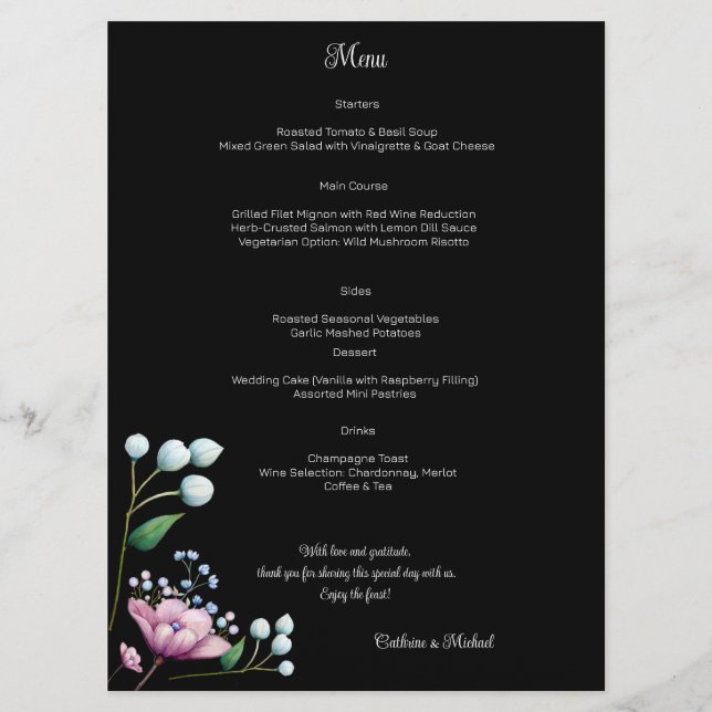 Menu Romance Botânico Suave De Casamento Floral Elegant (Frente)