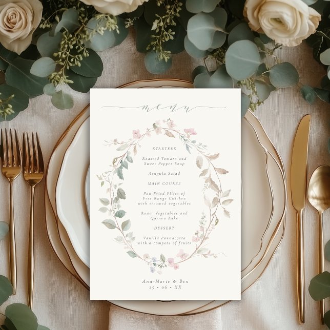 Menu Romantic Delicate Blush Floral Wreath Wedding (Criador carregado)