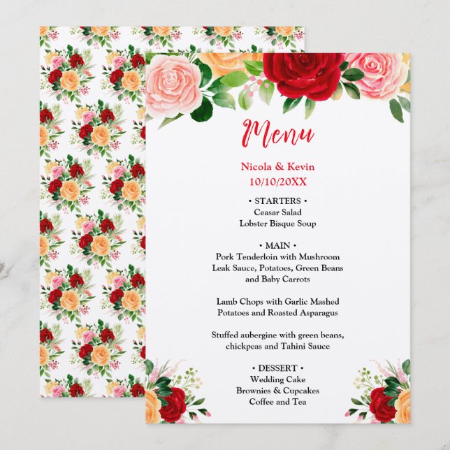 Menu Romantic Roses FloralRomantic Red and Oran Wedding (Frente/Verso)