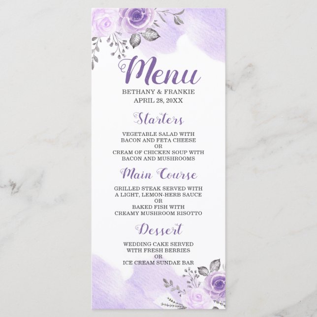 Menu Romântico de Casamento Chic Floral Púrpura Pa (Frente)