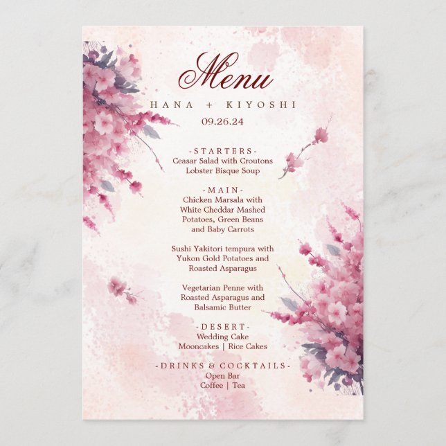 Menu Romântico de Casamento do Flor de Cereja Rosa (Frente)