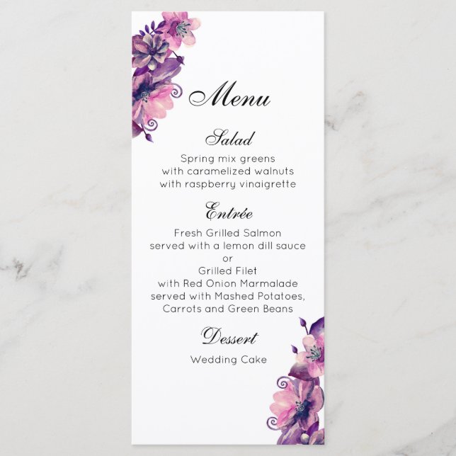 Menu romântico de casamento rosa. Menu janto Roxo (Frente)