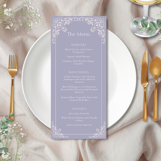 Menu Romântico Lilac Elegante Francês (Elegant french lilac theme wedding menu cards for romantic bridgerton inspired vintage shabby chic)